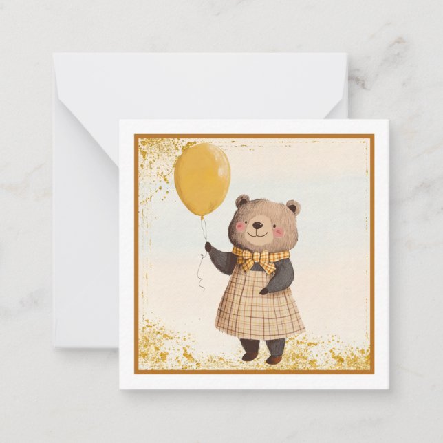 Tarjeta Pequeña Oso con vestido amarillo y dorado con globo amaril (Anverso)