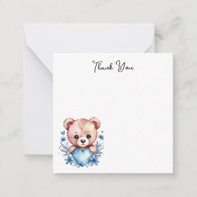 Tarjeta Pequeña Oso Cutáneo de Acuarela, Corazón Azul Gracias (Anverso)