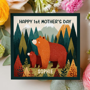 Tarjeta Pequeña Oso Mamá y Cachorro Paisaje de Montaña 1er Día de 