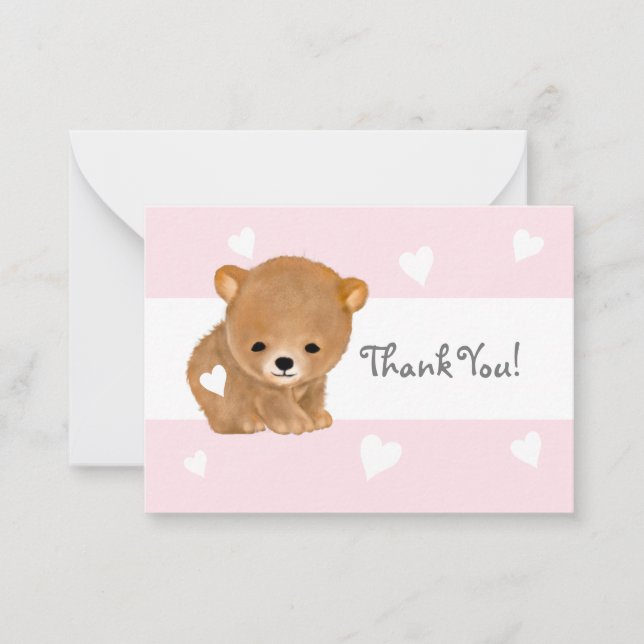 Tarjeta Pequeña Oso Marrón De Corazón Rosa Gracias Notecards (Anverso)