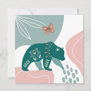 Tarjeta Pequeña Oso Verde Nórdico y mariposa marrón