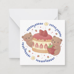 Tarjeta Pequeña Osos de peluche y Ilustracion de tarta de fresa