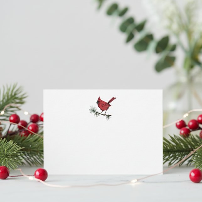 Tarjeta Pequeña Pájaro del Cardenal Rojo de Invierno Simple (Simple Red Cardinal on Pine Branch Illustration Winter Note Card in White. Elegant Red Bird for Xmas)