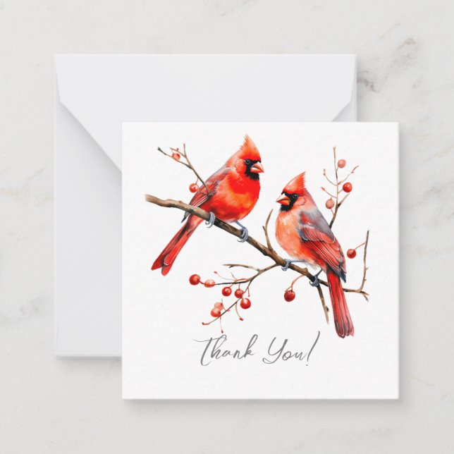 Tarjeta Pequeña Pájaros del cardenal rojo en rama de árbol holly (Anverso)
