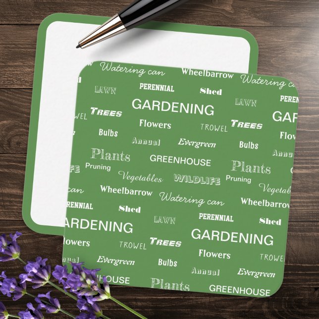 Tarjeta Pequeña Palabras de jardinería Patrón de Moda de jardín ve (A note card with gardening words on green background, and blank white with green border on reverse)