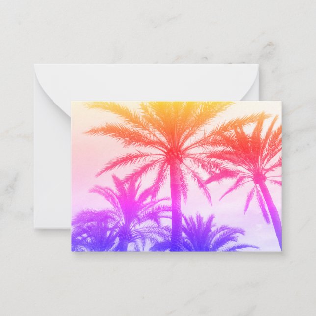 Tarjeta Pequeña palmera tropical en el ambiente de verano del neón (Anverso)