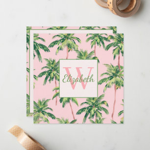 Tarjeta Pequeña Palmeras tropicales en monograma rosa