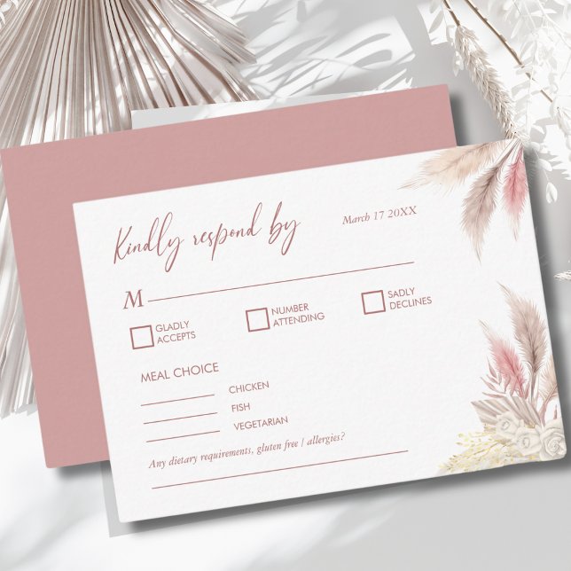 Tarjeta Pequeña Pampas Grass Boho Rubor Pink Elegant Wedding RSVP (Subido por el creador)