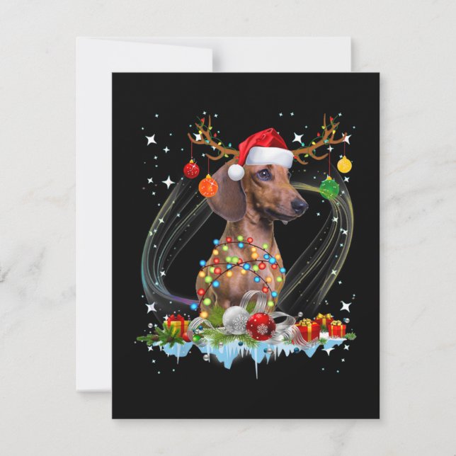 Tarjeta Pequeña Papá Noel Divertido Dachshund Reno Luz Navidad (Anverso)