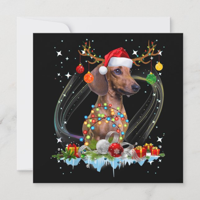 Tarjeta Pequeña Papá Noel Divertido Dachshund Reno Luz Navidad (Anverso)