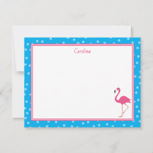 Tarjeta Pequeña Papel de Carta Azul con Lunares de Flamenco Rosa T