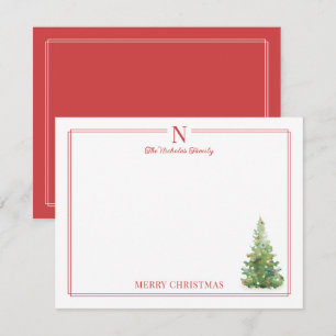 Tarjeta Pequeña Papel de carta con monograma familiar rojo y árbol
