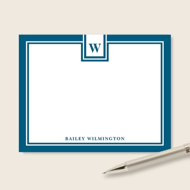Tarjeta Pequeña Papel de Carta de Borde Azul Profundo con Monogram (Subido por el creador)