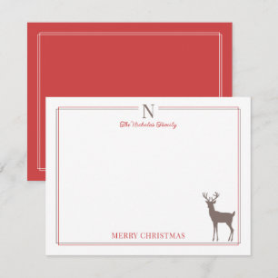 Tarjeta Pequeña Papel de carta de Navidad con monograma marrón roj