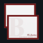 Tarjeta Pequeña Papel de carta familiar rojo oscuro con monograma<br><div class="desc">Este diseño presenta un monograma audaz y desvanecido en el fondo y espacio para un nombre o texto en la parte inferior. Haga clic en el botón personalizar si desea ajustar los elementos del diseño y/o modificar aún más el texto. Variaciones de este diseño, colores adicionales, así como productos coordinados...</div>
