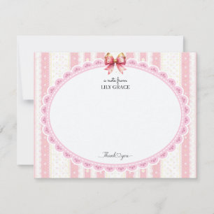 Tarjeta Pequeña Papel de Carta Gracias con Encaje Rosa y Cinta Dor