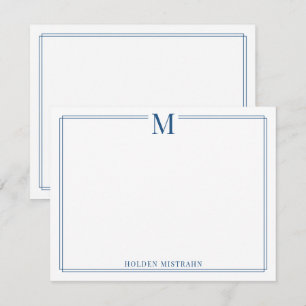 Tarjeta Pequeña Papel de carta moderno con monograma y borde azul