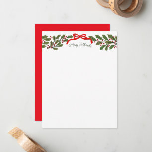 Tarjeta Pequeña Papel de Carta Navideño Red Bow y Holly Garland