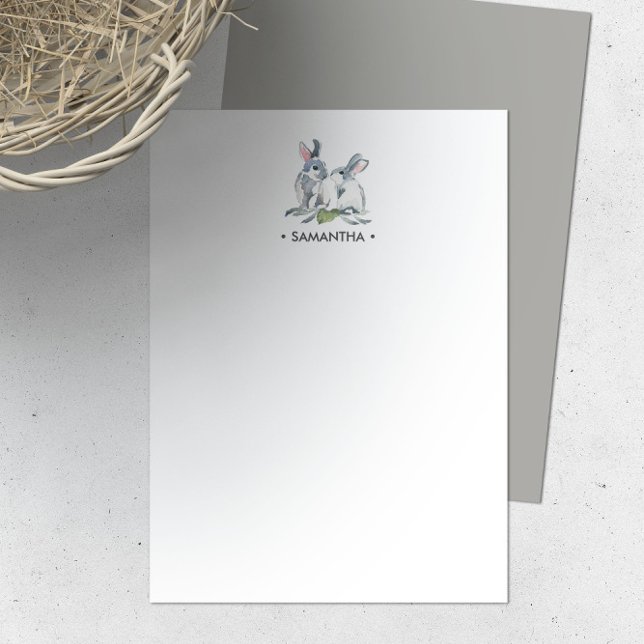 Tarjeta Pequeña Papel de carta personalizado de conejo acuarela (Personalized note cards watercolor bunnies by Victoria Grigaliunas of VG Invites)