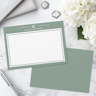 Tarjeta Pequeña Papel de Carta Simple de Monograma Verde Sage