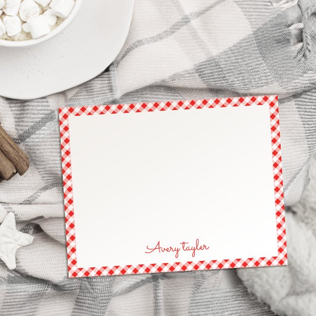 Tarjeta Pequeña Papel personalizado con patrón de gingham rojo (Red gingham pattern personalized Stationery Note Card)