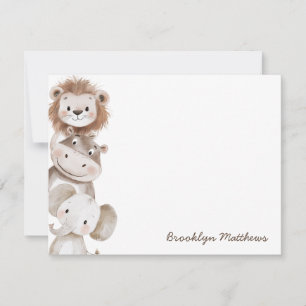 Tarjeta Pequeña Papelería de león, hipopótamo y elefante lindos pa