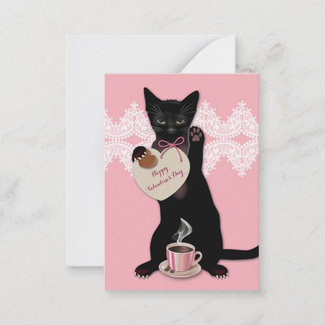 Tarjeta Pequeña Paquete de San Valentín rosa para gato negro (Anverso)