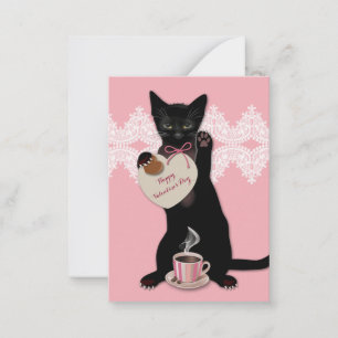 Tarjeta Pequeña Paquete de San Valentín rosa para gato negro