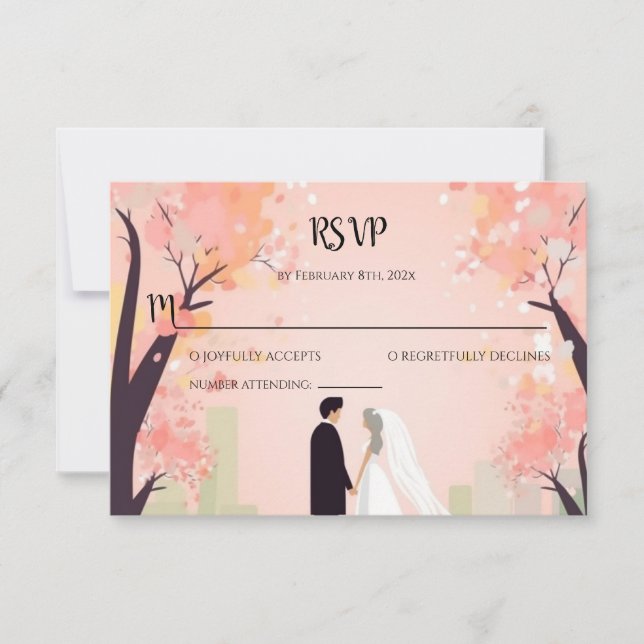 Tarjeta Pequeña Pareja Mínima Dibujo con Flores RSVP (Anverso)