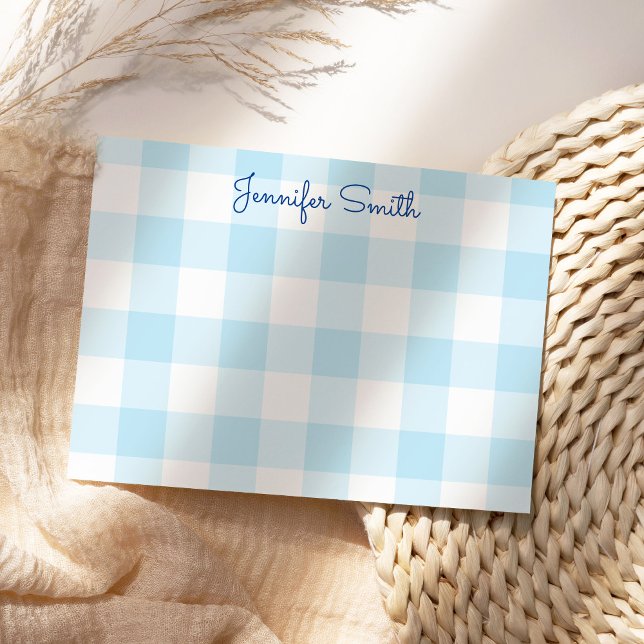 Tarjeta Pequeña Pastel Blue Large Gingham Check (Cute personalize pastel blue gingham note card.)