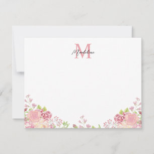 Tarjeta Pequeña Pastel Rubor Rosas florales rosados Script Monogra