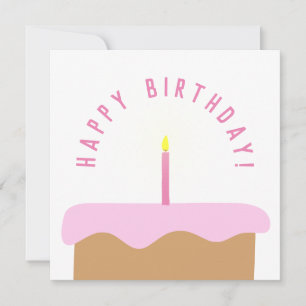 Tarjeta Pequeña Pastel y Vela de Cumpleaños Ilustrado Rosa/Blanco