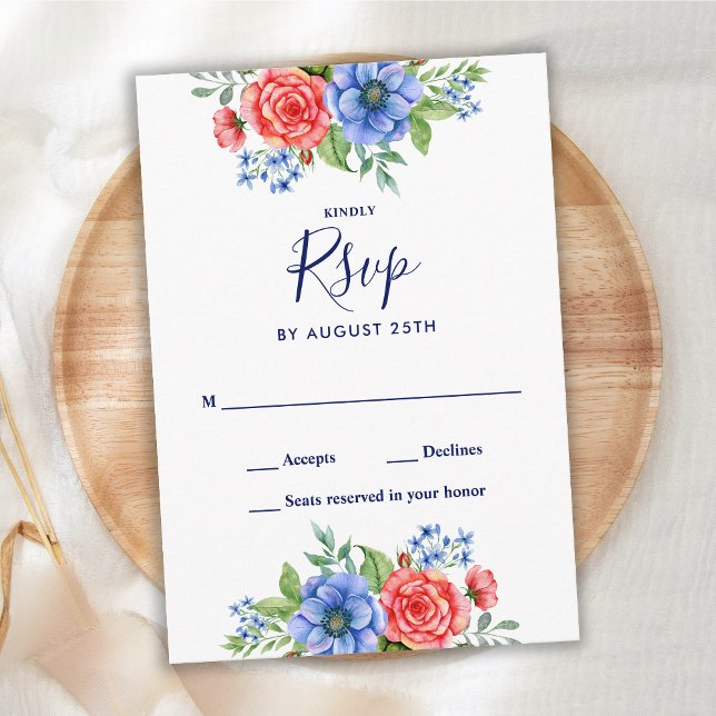 Tarjeta Pequeña Patriótica Boda Floral Azul Blanco Rojo RSVP (Subido por el creador)