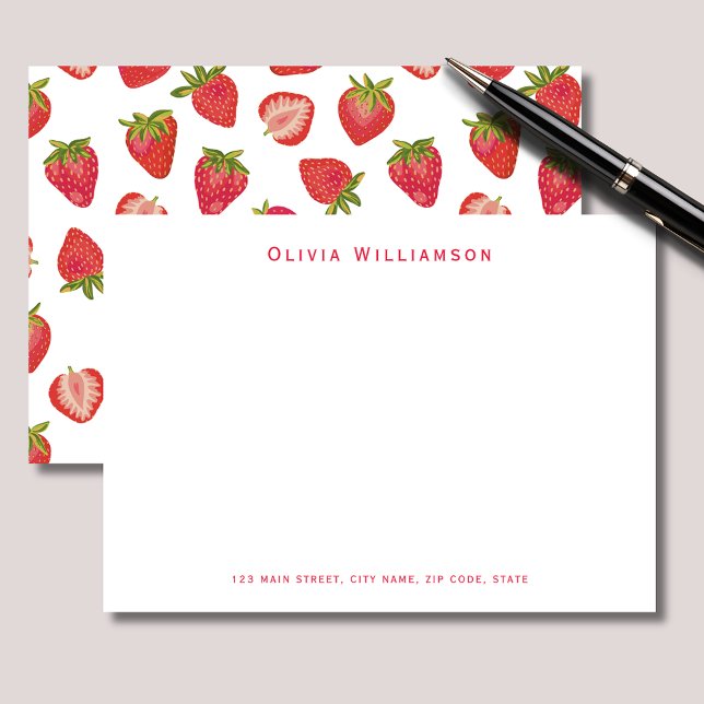 Tarjeta Pequeña Patrón Cute Strawberry personalizado (Strawberry personalized notecards with name and address details. )