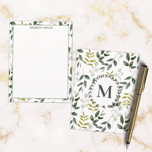 Tarjeta Pequeña Patrón de Acuarela de Hojas Verdes Monogramadas