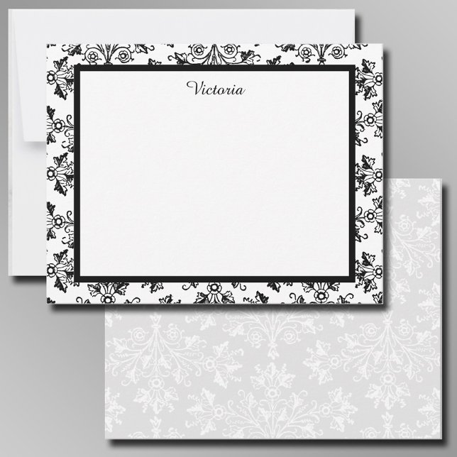 Tarjeta Pequeña Patrón de Damasco de época personalizado Blanco ne (Elegant editable calling cards with a black on white pattern front, and white on light gray on back.)