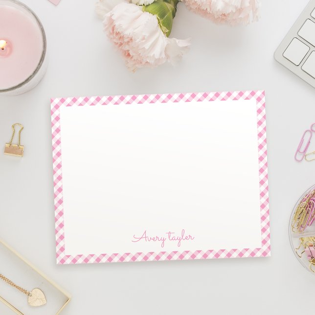Tarjeta Pequeña Patrón de gingham rosa personalizado Stationery (Pink gingham pattern personalized Stationery Note Card)