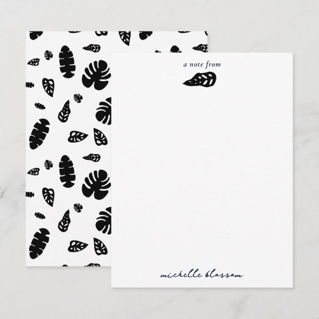 Tarjeta Pequeña Patrón de hojas tropicales de verano negras y blan (Anverso / Reverso)