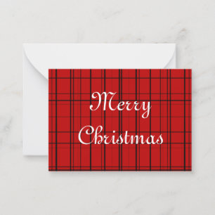Tarjeta Pequeña Patrón de plaid rojo con texto blanco de Feliz Nav