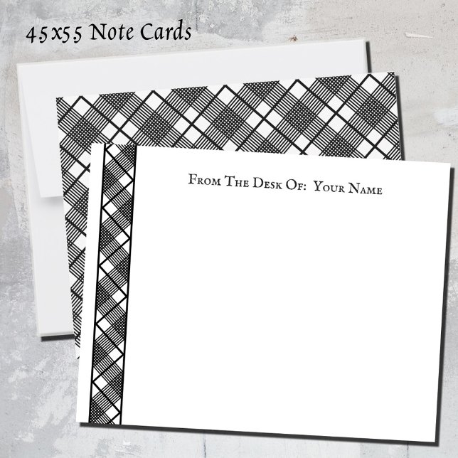 Tarjeta Pequeña Patrón de trenzado blanco negro editable 4.5x5.5 (Black and white plaid pattern note cards)