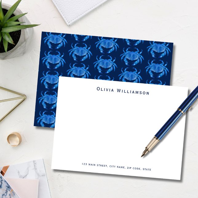 Tarjeta Pequeña Patrón del océano marino del Cangrejo Azul (Blue coastal crab, crustacean illustrated notecard. Personalize with your name & address details.)