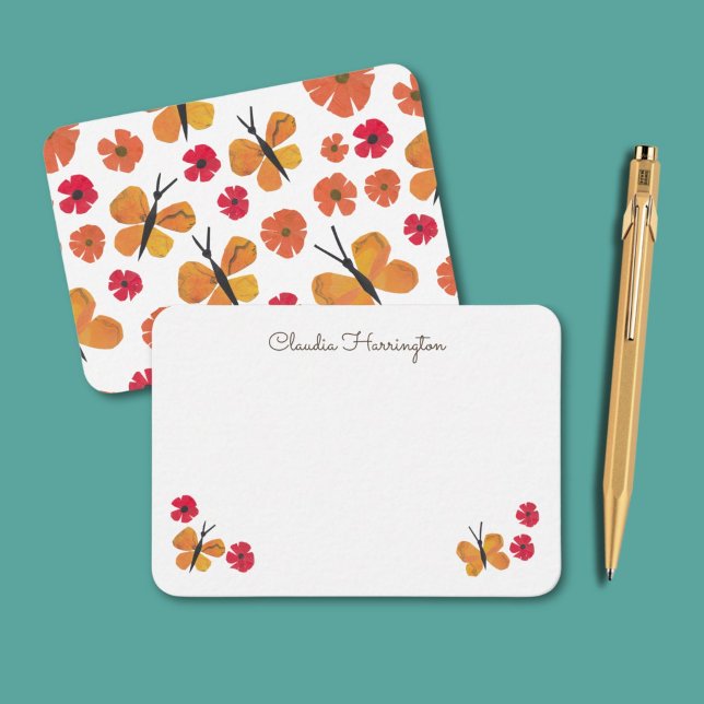 Tarjeta Pequeña Patrón naranja Mariposa Cute Mariposas Poppies (Orange butterflies and red poppies, my original art, make these retro note cards pop! )