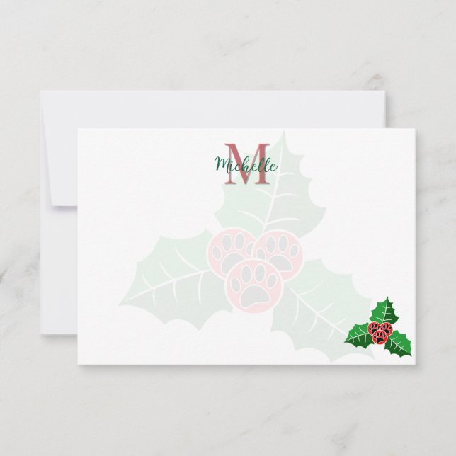 Tarjeta Pequeña Paw Holly Leaves Christmas Custom Monogram (Anverso)