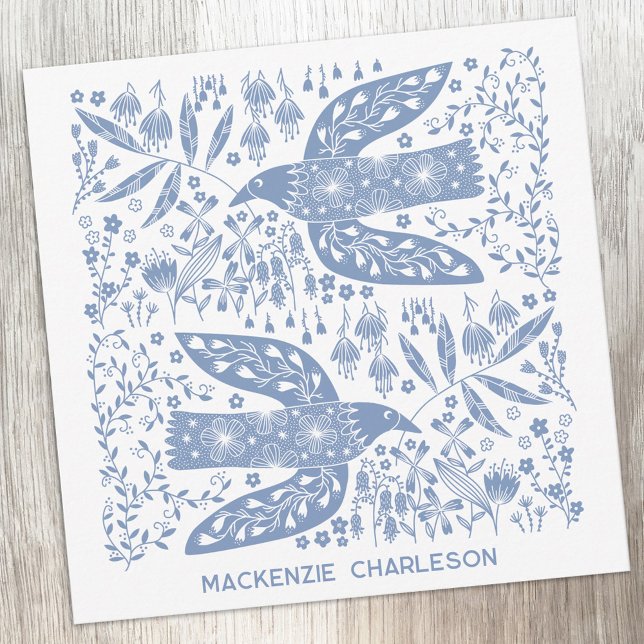 Tarjeta Pequeña Peace Dove Blue Bird Personalized Name (Personalized custom name peace doves blue and white bird folk art notecards)