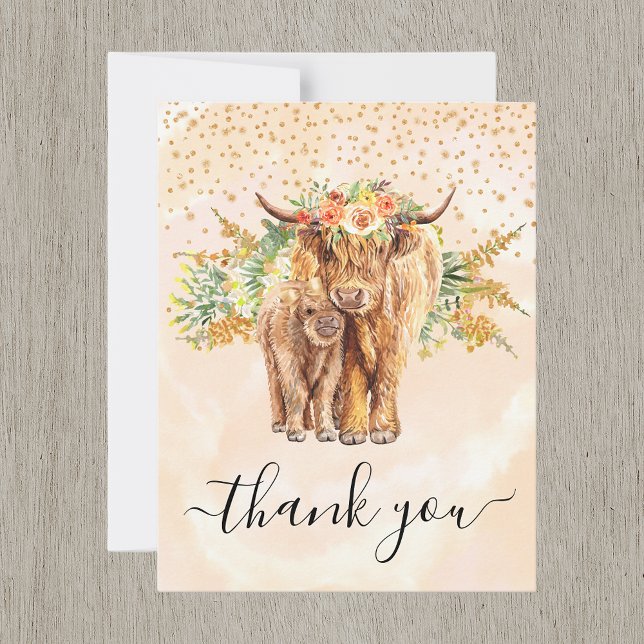Tarjeta Pequeña Peach Watercolor Floral Highland Cow Gracias (Subido por el creador)
