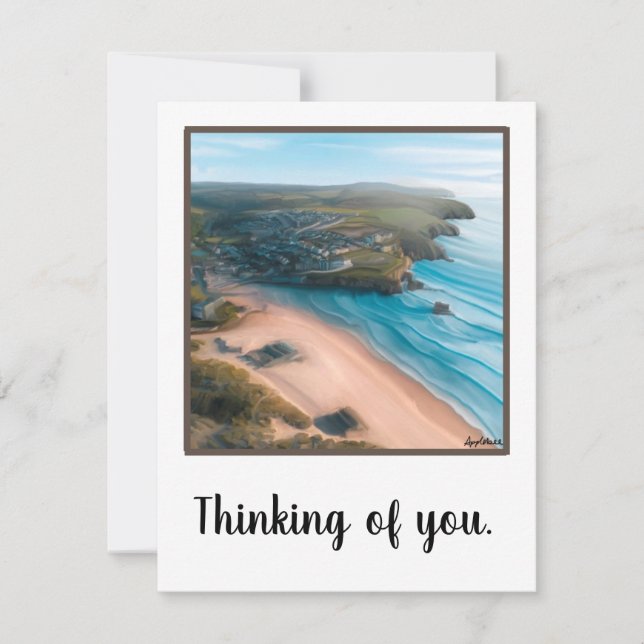 Tarjeta Pequeña Pensando en ti, escena aérea de la playa (Anverso)