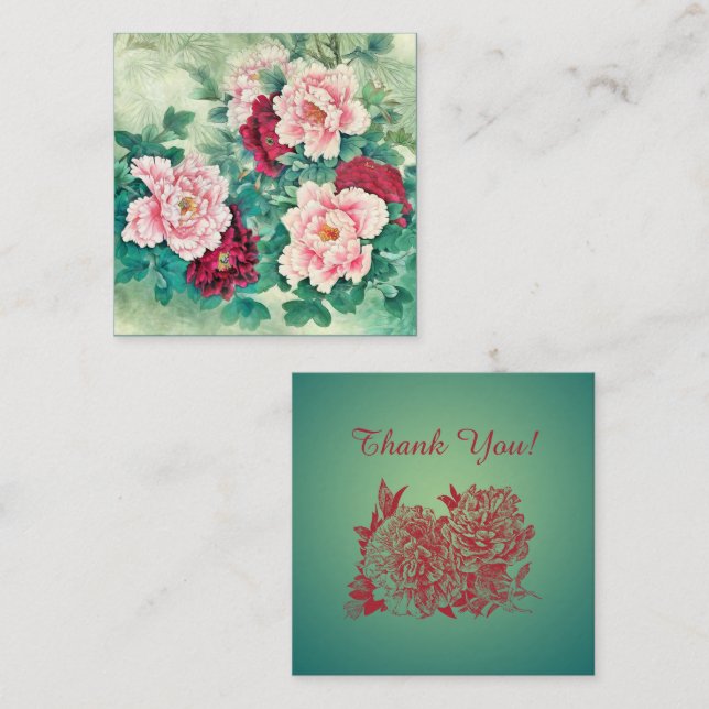 Tarjeta Pequeña Peonies rojos y hojas verdes gracias (Anverso / Reverso)