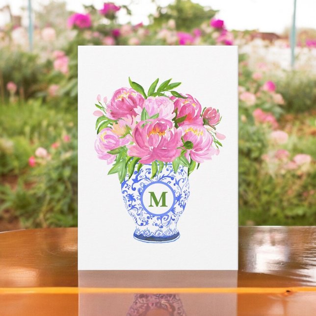 Tarjeta Pequeña Peonies rosados Chinoiserie Vase Green Monograma (Subido por el creador)