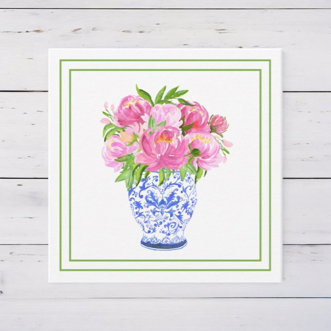 Tarjeta Pequeña Peonies rosados Chinoiserie Vase la frontera verde (Subido por el creador)