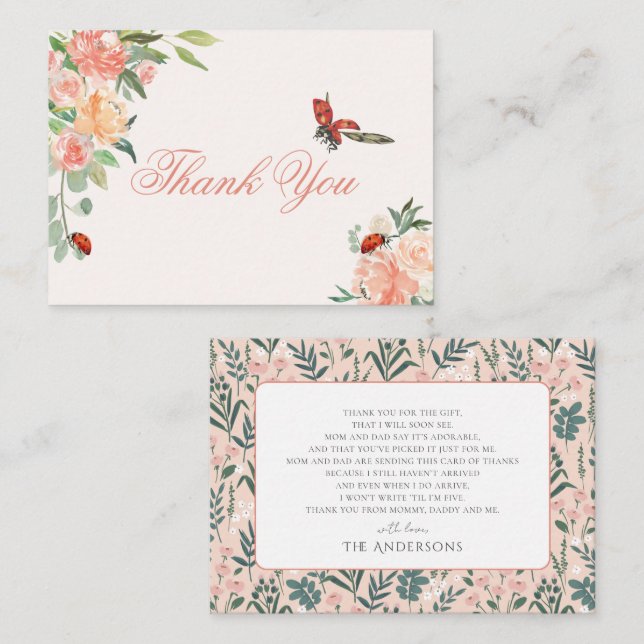 Tarjeta Pequeña Pequeña Dama Ladybug Rosas Baby Shower Gracias (Anverso / Reverso)